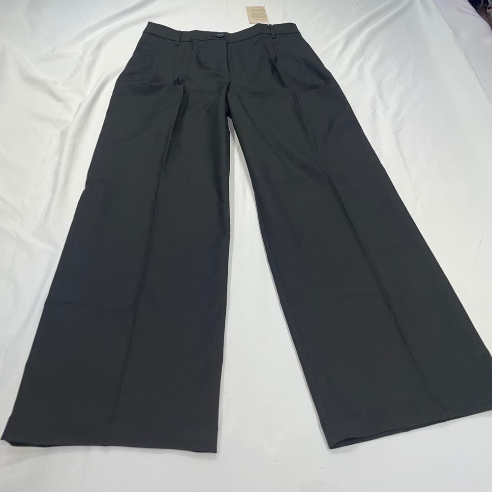 Monki Black Wide Leg Pleated Trousers High Waisted Dress Pants Size 42 NEW